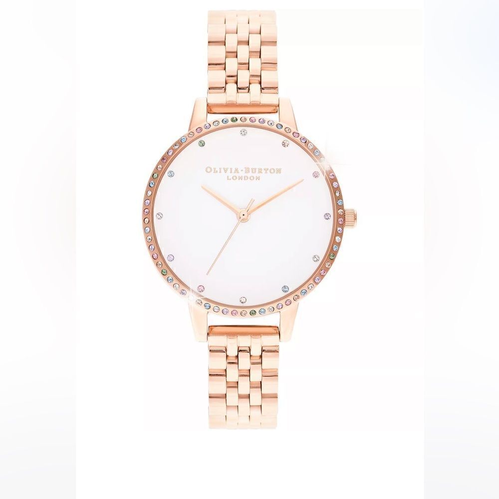 NWT OLIVIA BURTON Rainbow Rose Gold-Tone Stainless Steel Bracelet Watch 34mm